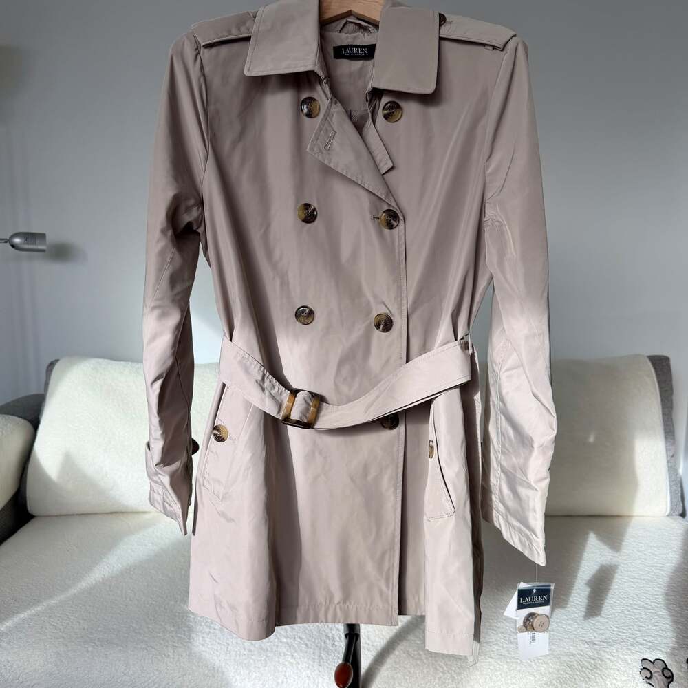 NWT Ralph Lauren Short Trench Coat Khaki Beige Size M Belted Classic - Picture 2 of 8